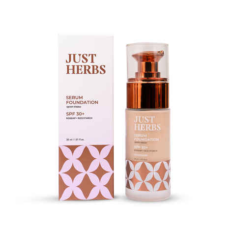 Buy Just Herbs 12 Hours Full Coverage Serum Foundation SPF 30+ With Rosehip Oil And Rice Starch, Porcelain -30 ml - Purplle