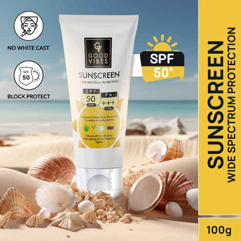 Buy Good Vibes Wide Spectrum Protection Sunscreen with SPF 50 | Non-Greasy, Anti-Ageing | With Aloe Vera | No Parabens, No Animal Testing (100 gm) - Purplle