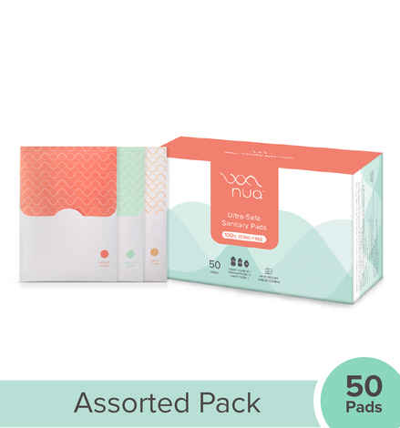 Nua Ultra Thin Sanitary Pads Bulk Pack, 12 Heavy Flow 20 Medium Flow & 18 Light Flow Pads in each pack (Pack of 50 Pads)