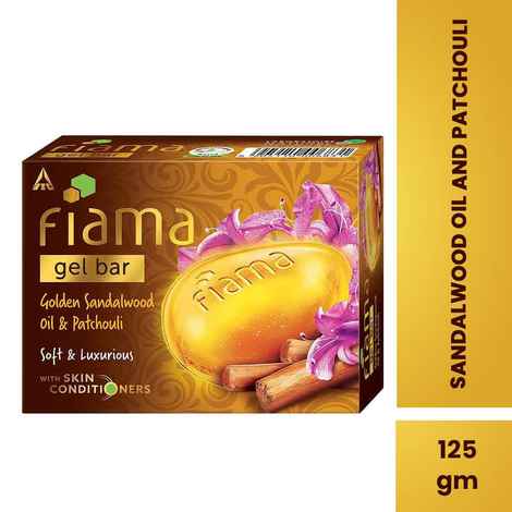 Fiama Gel Bathing Bar Golden Sandalwood Oil and Patchouli with Skin Conditioners for Moisturized, Soft and Luxurious Skin, 125 gm, For All Skin Types