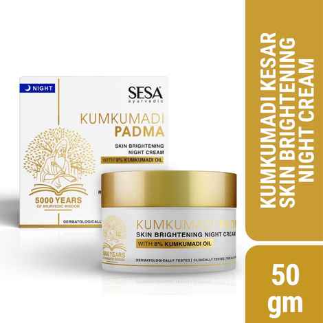 SESA 8% Kumkumadi Padma Skin Brightening Night Cream I 50 gm I Reduces fine lines & wrinkles I Promotes Skin Rejuvenation & Skin Repair I Anti -Ageing I Even Skin Tone I Ayurvedic Night Treatment I Light weight Cream