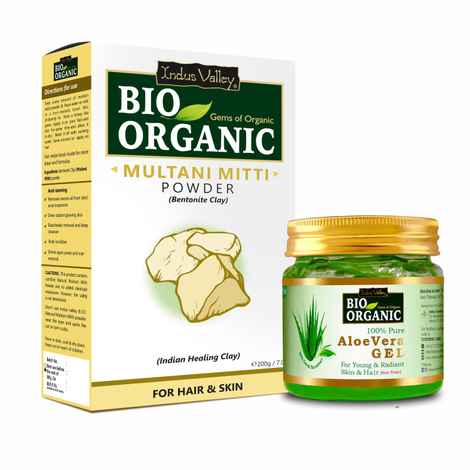 Indus Valley Bio Organic Aloe Vera Gel and Multani Mitti Powder combo pack for Acne, Scars, Glowing & Radiant Skin Treatment (175ml + 200 gm)