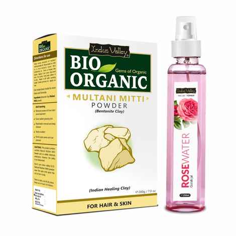Indus Valley Facial Toner Fresh Rose Water with Multani Mitti Powder combo pack For Face and Skin Care (250ml + 200 gm)