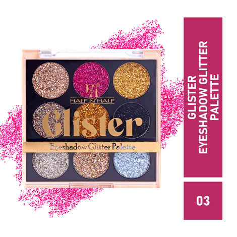 Half N Half Glister Eyeshadow Glitter Shimmer Palette Highly Pi gmented Blendable, Long Lasting Waterproof, Flawless Glitter Finish, Multicolour -03 (9 gm)