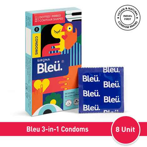 Sirona Bleu 3-In-1 Dotted, Ribbed & Contour Shaped Condoms for Men - 8 Units 8 Units