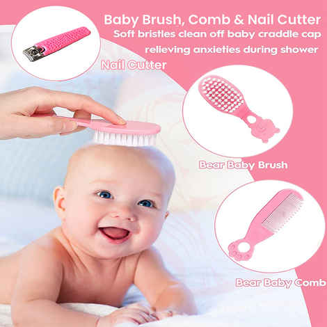 Majestique Baby Grooming Set - Baby Hair Brush, Comb and Nail Cutter Set for Newborns & Toddlers - Pink - Combo of 3