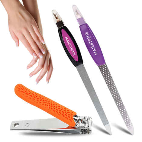 Buy Majestique Long Nail Filer, Pin Hole Filer with Nail Cutter | Manicure Pedicure Set | Perfect for Finger & Toe Nail Care - 3Pcs/Multicolor - Purplle