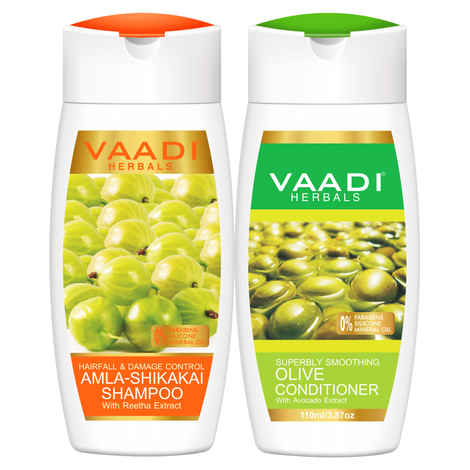 Vaadi Herbals Amla Shikakai Shampoo - Hairfall & Damage Control with Olive Conditioner (110 ml x 2)