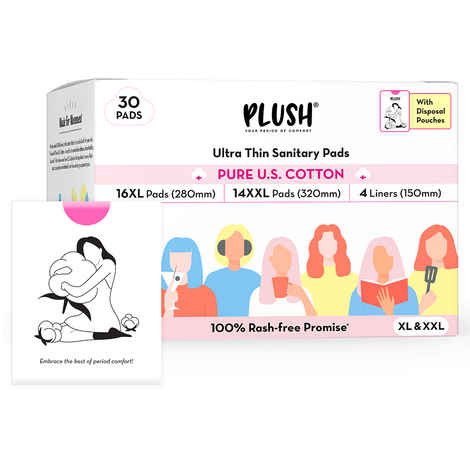 Buy Plush Ultra-Thin Sanitary Pads For Women, 30 Cotton Sanitary Napkins | 14 Heavy Flow XXL pads + 16 Medium Flow XL pads + 4 Panty Liners For Rash Free Periods | Pure U.S. Cotton Pads With Disposable Pouch - Purplle