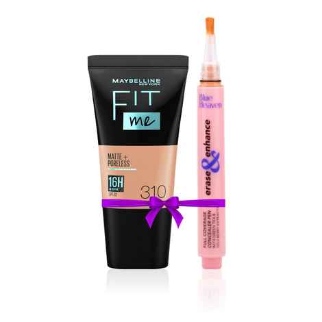 Buy Maybelline New York Fit Me Matte+Poreless Liquid Foundation Tube, 310 Sun Beige, 18 ml + Blue Heaven Erase & Enhance Buildable Coverage Concealer Pen, Caramel speacial combo - Purplle