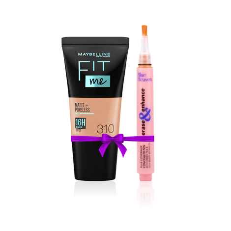 Buy Maybelline New York Fit Me Matte+Poreless Liquid Foundation Tube, 310 Sun Beige, 18 ml + Blue Heaven Erase & Enhance Buildable Coverage Concealer Pen, Peach speacial combo - Purplle