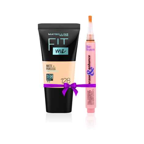 Buy Maybelline New York Fit Me Matte+Poreless Liquid Foundation Tube, 128 Warm Nude, 18 ml + Blue Heaven Erase & Enhance Buildable Coverage Concealer Pen, Caramel speacial combo - Purplle