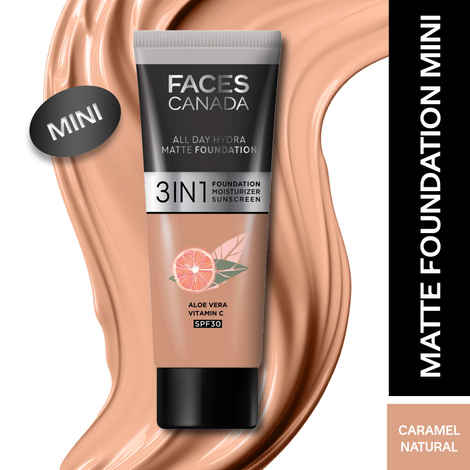 FACES CANADA All Day Hydra Matte Foundation (Mini) | 3IN1 Foundation + Moisturizer + SPF30 | 10HR Long Wear | Buildable Coverage | Caramel Natural 15 ml