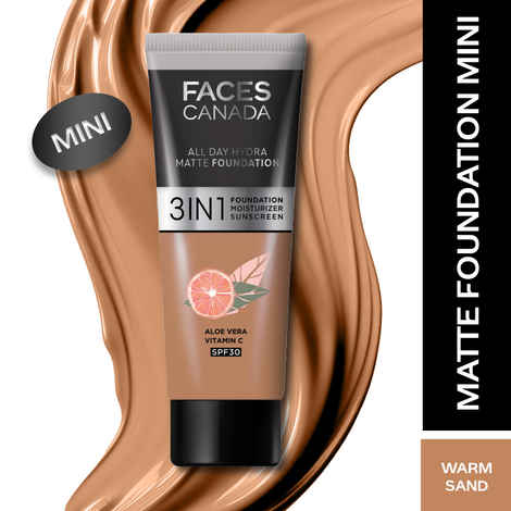 FACES CANADA All Day Hydra Matte Foundation (Mini) | 3IN1 Foundation + Moisturizer + SPF30 | 10HR Long Wear | Buildable Coverage | Warm Sand 15 ml