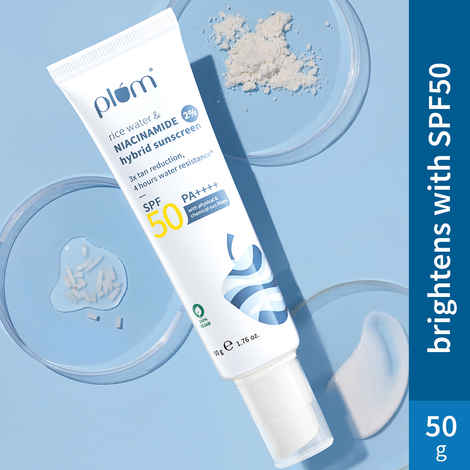 Plum 2% Niacinamide Sunscreen SPF 50 PA+++ With Rice Water - No White Cast, Brightens, Dermat-Tested 50 gm
