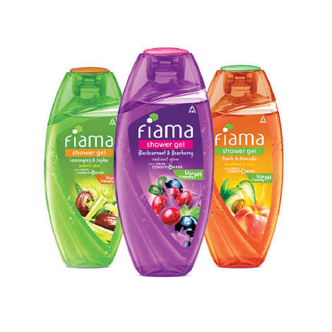 Fiama Body Wash Shower Gel Combo Pack of 3, Blackcurrant & Bearberry 250ml, Fiama Peach & Avocado 250ml, Fiama Lemongrass & Jojoba 250ml