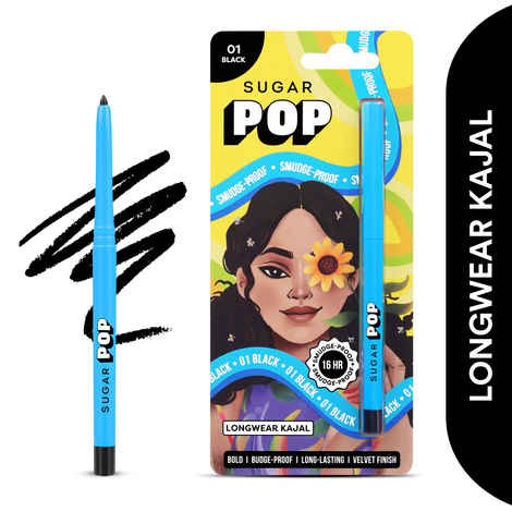 SUGAR POP Longwear Kajal Matte Finish, Intense Dark Kohl Kajal, Smudge Proof Pencil, Water Proof, Single Stroke Velvet Finish Lasts Up To 16Hrs - 01 Black - Pack of 1