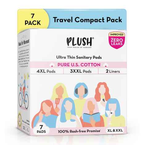 Plush Ultra-Thin Sanitary Pads For Women, 7 Cotton Sanitary Napkins | 3 Heavy Flow XXL pads + 4 Medium Flow XL pads + 2 Panty Liners For Rash Free Periods | Pure U.S. Cotton Pads With Disposable Pouch