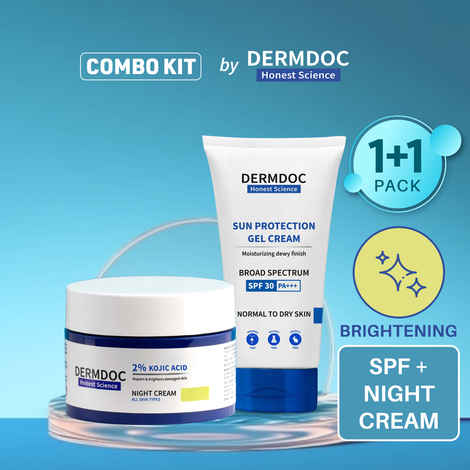 Buy DERMDOC Combo Kit Glow & Protect Combo | kojic acid night cream | dewy sunscreen spf 30 pa+++ | cream for dark spots, dullness | detan | sunscreen for dry skin - Combo of 3 - Purplle