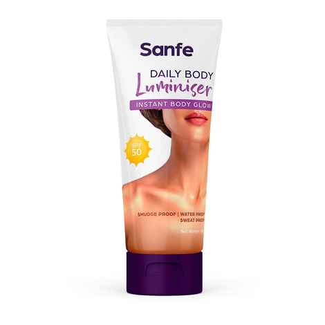 Sanfe Daily Body Luminiser Instant Body Highlighter For Women SPF50 Smudge Proof | Water & Sweat Proof Transfer Proof | Daily Complexion Booster | 50 gm