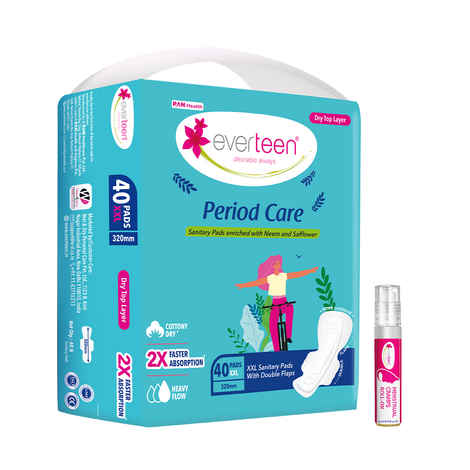 everteen combo 40 XXL Dry Neem Safflower Sanitary Pads with Free Menstrual Period Pain Relief Cramps Roll- On (5ml)