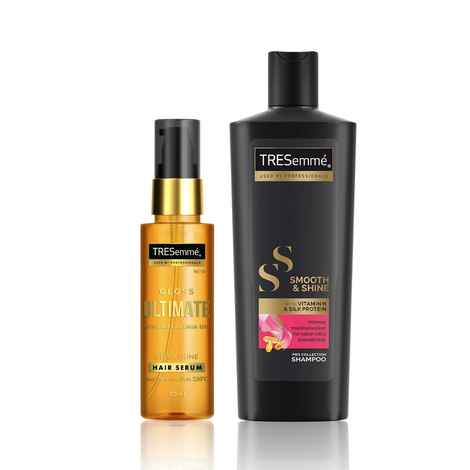 Buy TRES SMOOTH & SHINE SHAMP LARGE BOTTLE + TRES GLOSS ULTIMATE HAIR SERUM Combo of 2 - Purplle