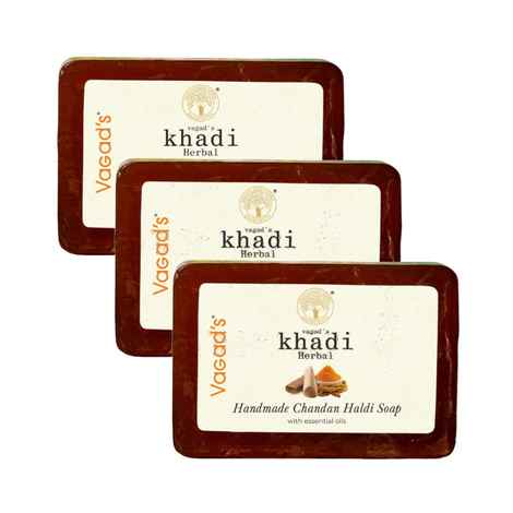 Buy Vagad's Khadi Herbal Gramodaya Chandan Haldi Soap 125 gm | Removes Tan and Rashes | Treats Blemish and Acne Problems | Free from Parabens | Silicon Free (Pack of 3) - Purplle
