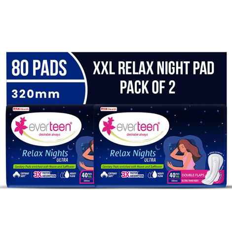 Buy everteen XXL Relax Nights Ultra Thin 40 Sanitary Pads with Neem and Safflower, Menstrual Cramps Roll-On Inside Pack - 2 Packs (40 Pads Each, 320mm) - Purplle