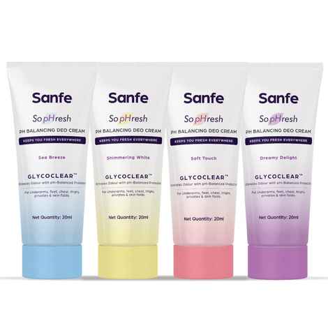 Buy Sanfe So pHresh pH Balancing Deo Creams| Smarter pack | Pack of 4 | For Underarms, Feet, Chest, Intimates & Skin Folds | Eliminates Body Odor| 20ml - Purplle