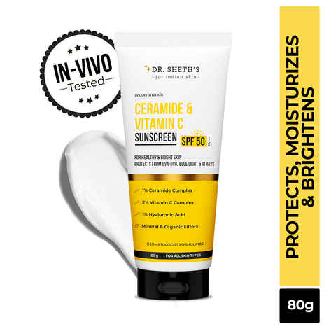 Dr. Sheth's Ceramide & Vitamin C Sunscreen SPF 50+ PA++++ |In-Vivo Tested | For Healthy & Bright Skin | Lightweight & Non Greasy | For UVA/UVB & Blue Light & IR Protection | No white cast | For All Skin Types | For Men & Women | 80 gm