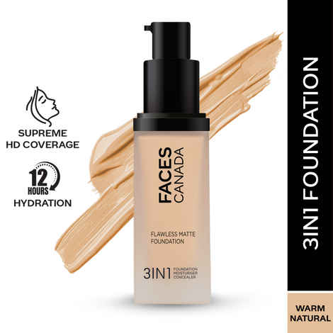 Buy FACES CANADA Flawless Matte Foundation - Warm Natural 021, 30 ml | 3-in-1 Foundation + Moisturizer + Concealer | 12 HR Hydration + SPF 18 | Full HD Matte Coverage | Lightweight | Anti Ageing - Purplle