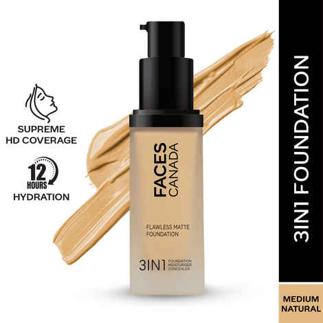 FACES CANADA Flawless Matte Foundation - Medium Natural 022, 30 ml | 3-in-1 Foundation + Moisturizer + Concealer | 12 HR Hydration + SPF 18 | Full HD Matte Coverage | Lightweight | Anti Ageing