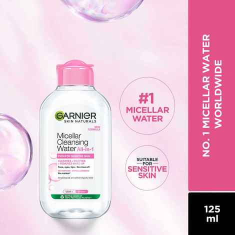 Garnier Micellar Cleansing Water - Gentle Cleanser & Make Up Remover For Everyday Use - Suitable For Sensitive Skin, Dermatologically Tested, Vegan, For Men & Women, Remove 100% Dirt, Pollution, 125 ml
