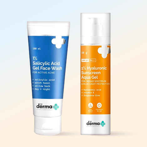 The Derma Co.1% Salicylic Acid Gel Face Wash with Salicylic Acid & Witch Hazel for Active Acne - 100 ml + The Derma Co.1% Hyaluronic Sunscreen Aqua Ultra Light Gel with SPF 50 PA++++ For Broad Spectrum UV A UV B & Blue Light Protection - 50g