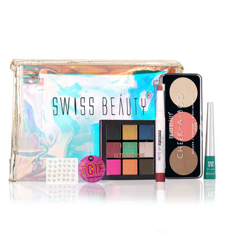 Buy Swiss Beauty Funk It Up Look Kit|Matte Cat Lip Crayon 07| Ultimate Eyeshadow Pallete 08|Cheek -A-Boo Pallete 02| Pop Sty Eyeliner Green With Rainbow Pouch & Free Stickons & Badge 18.5 gm - Purplle