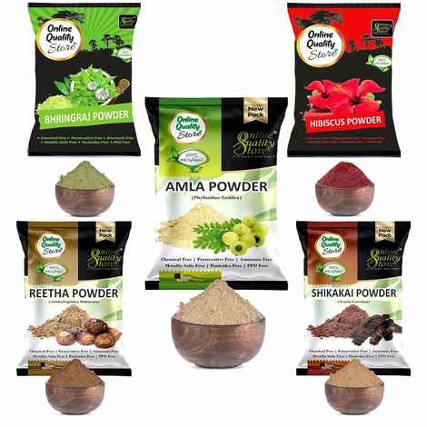 Buy Online Quality Store Amla Reetha Shikakai Bhringraj and Hibiscus Powder for Hair |hair pack powder combo |hair care products |natural products for hair(Pack of 5 , 900g Pack){hib_ala_rt_sika_bri_900} - Purplle