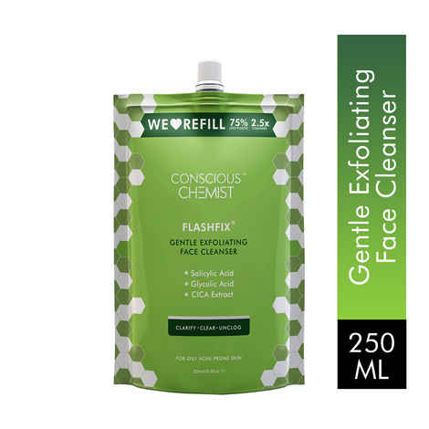 Conscious Chemist Flashfix Gentle Exfoliating Face Cleanser Refill Pack For Acne Prone Skin with Salicylic Acid, Glycolic Acid & CICA Extract 250 ml