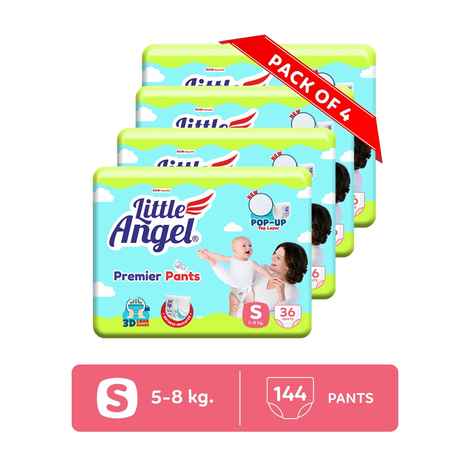 Buy Little Angel Premier Pants Baby Diapers, Small (S) Size, 144 Count, Combo Pack of 4, 36 Count/pack with Wetness Indicator, 5-8 Kg - Purplle