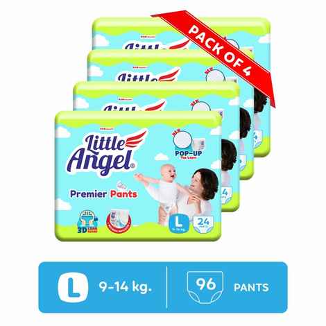 Buy Little Angel Premier Pants Baby Diapers, Large (L) Size, 96 Count, Combo Pack of 4, 24 Count/pack with Wetness Indicator, 9-14 Kg - Purplle