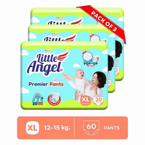 Buy Little Angel Premier Pants Baby Diapers, Extra Large (XL) Size, 60 Count, Combo Pack of 3, 20 Count/pack with Wetness Indicator, 12-15 Kg - Purplle
