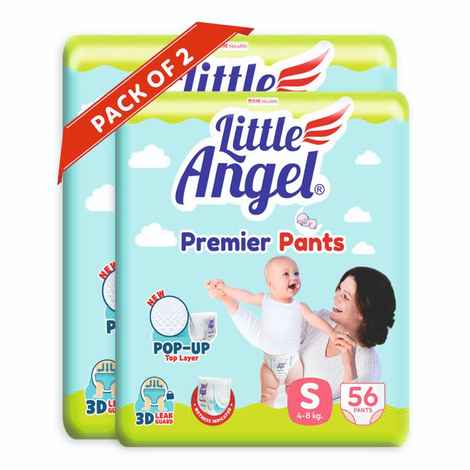 Buy Little Angel Premier Pants Baby Diapers, Small (S) Size, 112 Count, Combo Pack of 2, 56 Count/pack with Wetness Indicator, 4-8 Kg - Purplle
