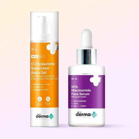 The Derma co. 10% Niacinamide Face Serum for Acne Marks + The Derma Co.1% Hyaluronic Sunscreen Aqua Ultra Light Gel with SPF 50 PA++++ For Broad Spectrum UV A UV B & Blue Light Protection - 50 gm