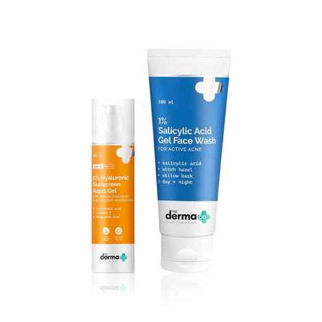 The Derma Co.1% Salicylic Acid Gel Face Wash with Salicylc Acid & Witch Hazel for Active Acne 100 ml+The Derma Co.1% Hyalurnic Sunscreen Aqua Ultra Light Gel with SPF 50 PA++++ For Broad Spectrum UVA UVB & Blue Light Protection-50g