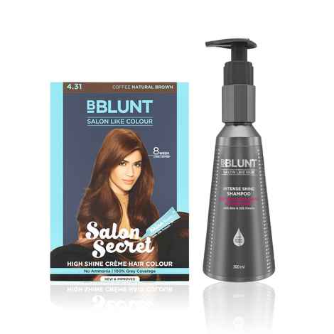 Buy BBlunt Salon Secret High Shine Creme Hair Colour Coffee Natural Brown (152 ml) + BBLUNT Intense Shine Shampoo with Rice & Silk Protein for 23X* Shinier Hair - 300 ml - Purplle