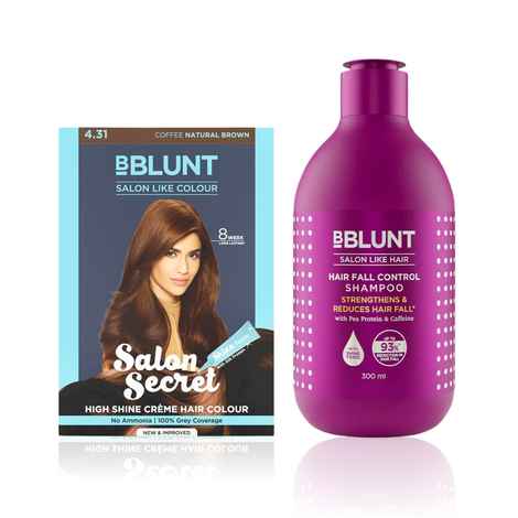 Buy BBlunt Salon Secret High Shine Creme Hair Colour Coffee Natural Brown (152 ml) + BBLUNT Hair Fall Control Shampoo with Pea Protein & Caffeine for Stronger Hair (300 ml) - Purplle