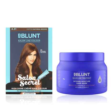 Buy BBlunt Salon Secret High Shine Creme Hair Colour Coffee Natural Brown (152 ml) + Intense Moisture Hair Mask with Jojoba Oil & Vitamin E for Nourished & Shiny Hair - 250 g - Purplle