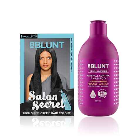 BBLUNT Salon Secret High Shine Creme Hair Colour Natural Black 1 (100 gm) With Shine Tonic (8 ml) + BBLUNT Hair Fall Control Shampoo with Pea Protein & Caffeine for Stronger Hair (300 ml)