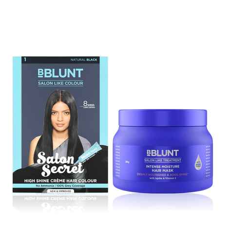 Buy BBlunt Salon Secret High Shine Creme Hair Colour - Natural Black (152 ml) + Intense Moisture Hair Mask with Jojoba Oil & Vitamin E for Nourished & Shiny Hair - 250 g - Purplle