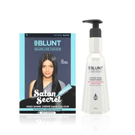 Buy BBlunt Salon Secret High Shine Creme Hair Colour - Natural Black (152 ml) + BBLUNT Intense Shine Conditioner with Rice & Silk Protein for Softer Smoother & Shinier Hair-250gm - Purplle