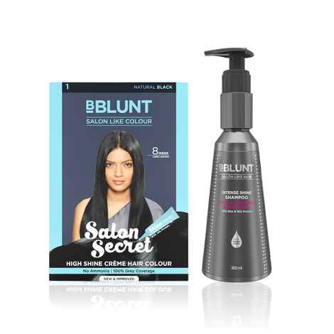 Buy BBlunt Salon Secret High Shine Creme Hair Colour - Natural Black (152 ml) + BBLUNT Intense Shine Shampoo with Rice & Silk Protein for 23X* Shinier Hair - 300 ml - Purplle